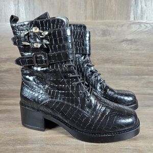 Paola Ferri Alba Moda Black Alligator Combat Boot Contemporary Whimsygoth Sz 6.5